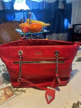 GUESS Red Chain-Accent Tote Bag